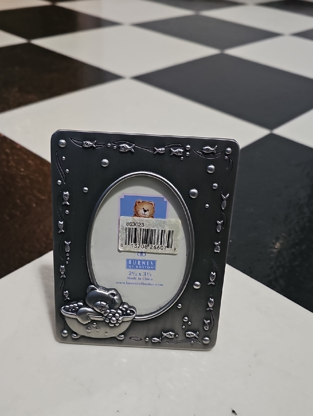 New Burnes Of Boston Silver-Tone Baby Frame with Bear Motif Nursery 2.5 X 3.5